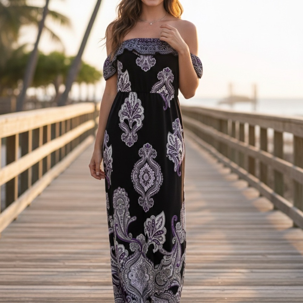 White House Black Market Black and Purple Paisley Maxi Dress